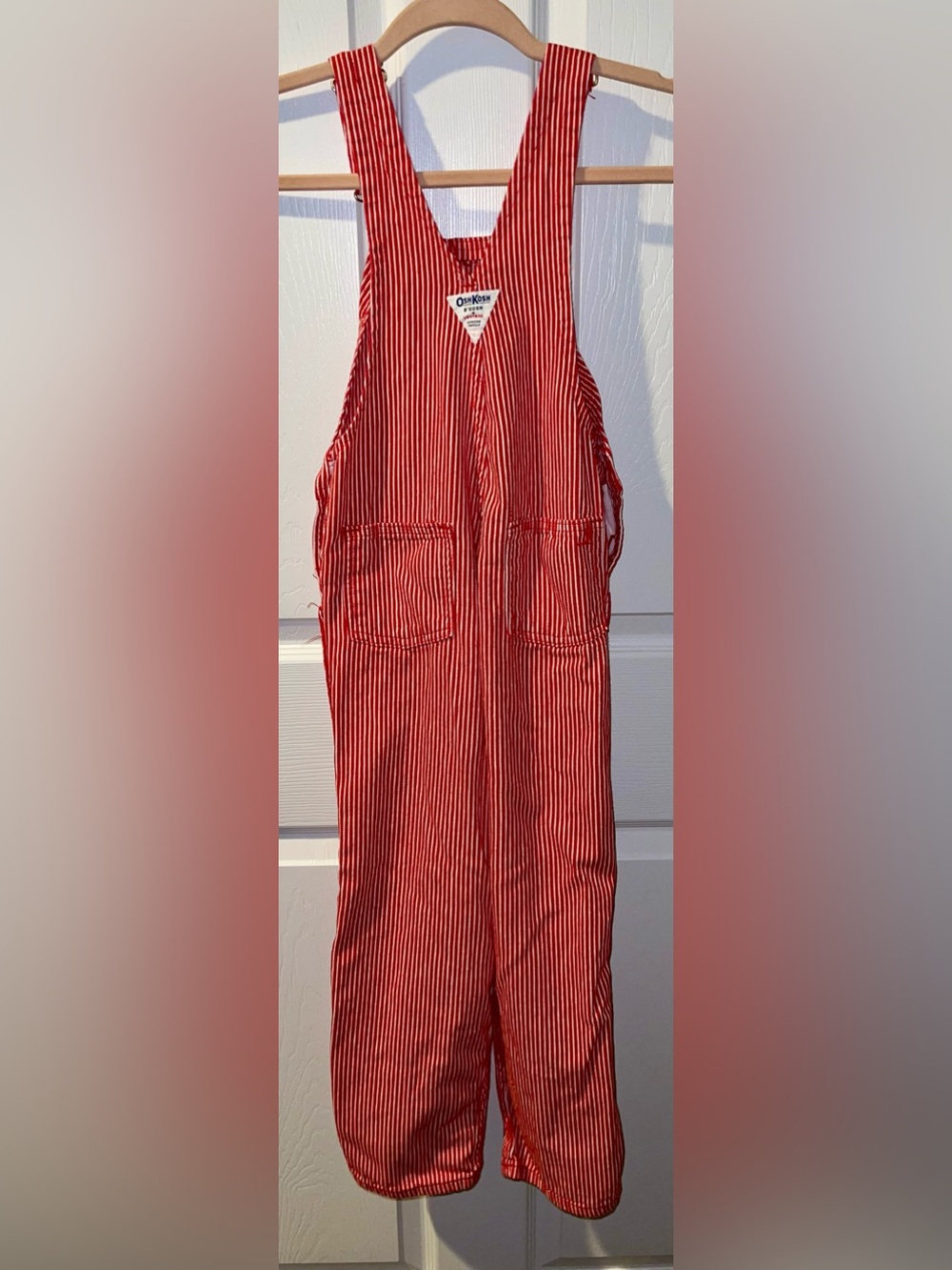OshKosh B’Gosh kids 7 overalls red white Hickory Railroad stripe - Picture 3 of 7